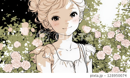 バラ園を散策している若い女性（シンプルな色使い）