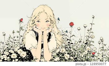バラ園を散策している若い女性（シンプルな色使い）