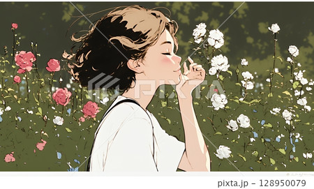バラ園を散策している若い女性（シンプルな色使い）
