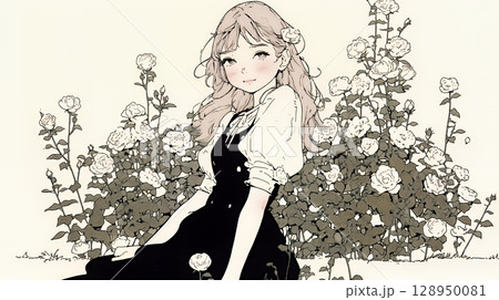 バラ園を散策している若い女性（シンプルな色使い）