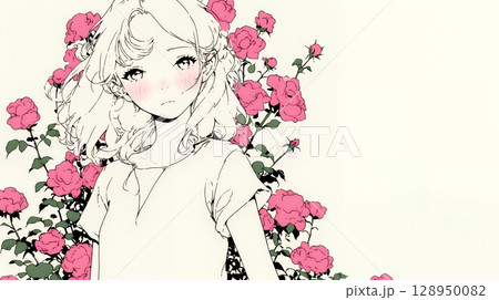 バラ園を散策している若い女性（シンプルな色使い）