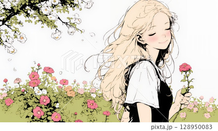 バラ園を散策している若い女性（シンプルな色使い）