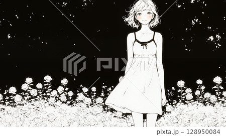 バラ園を散策している若い女性（シンプルな色使い）