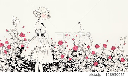 バラ園を散策している若い女性（シンプルな色使い）