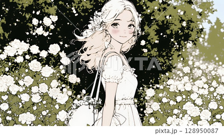 バラ園を散策している若い女性（シンプルな色使い）
