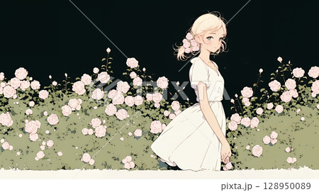 バラ園を散策している若い女性（シンプルな色使い）