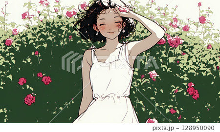 バラ園を散策している若い女性（シンプルな色使い）