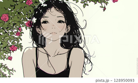 バラ園を散策している若い女性（シンプルな色使い）