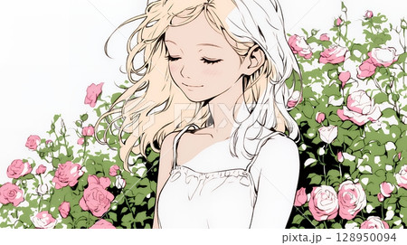バラ園を散策している若い女性（シンプルな色使い）