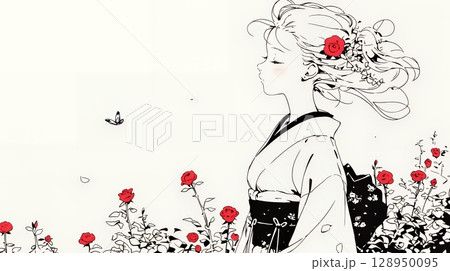 バラ園を散策している若い女性（シンプルな色使い）