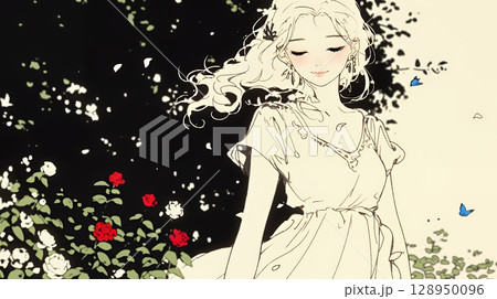バラ園を散策している若い女性（シンプルな色使い）