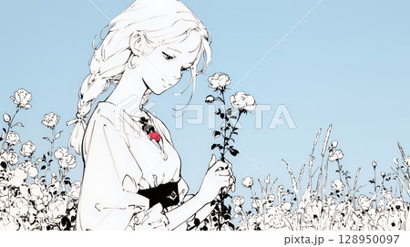 バラ園を散策している若い女性（シンプルな色使い）
