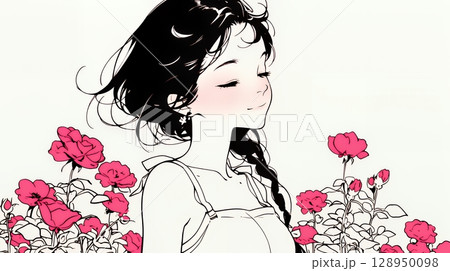 バラ園を散策している若い女性（シンプルな色使い）