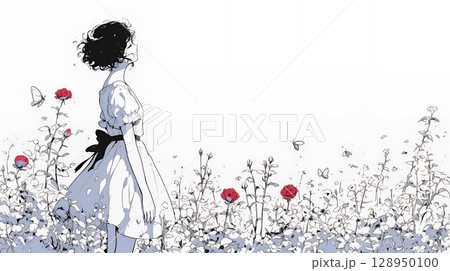 バラ園を散策している若い女性（シンプルな色使い）