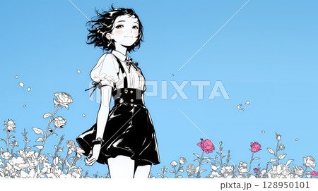 バラ園を散策している若い女性（シンプルな色使い）