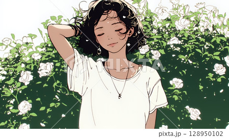 バラ園を散策している若い女性（シンプルな色使い）