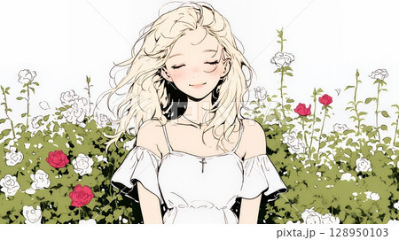 バラ園を散策している若い女性（シンプルな色使い）