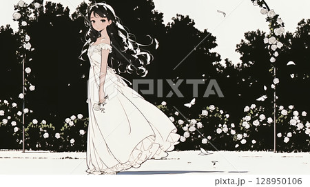 バラ園を散策している若い女性（シンプルな色使い）
