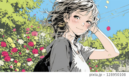 バラ園を散策している若い女性