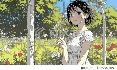 バラ園を散策している若い女性