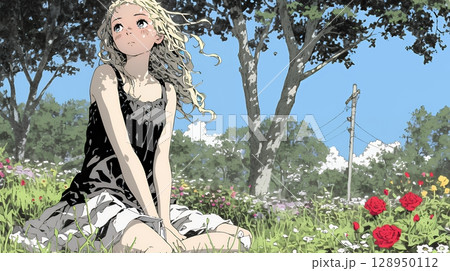 バラ園を散策している若い女性
