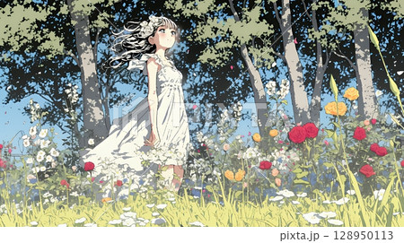 バラ園を散策している若い女性