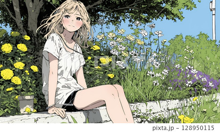 バラ園を散策している若い女性