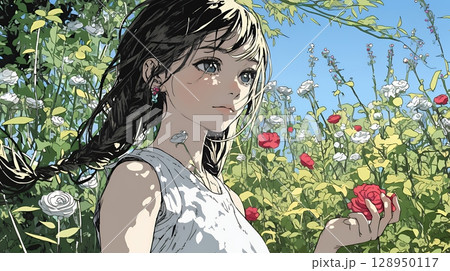 バラ園を散策している若い女性