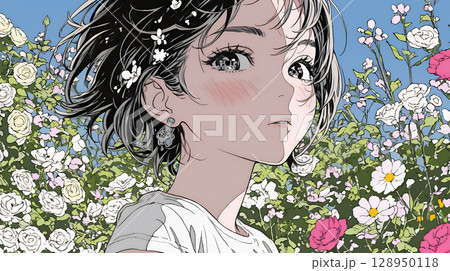 バラ園を散策している若い女性
