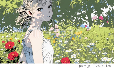 バラ園を散策している若い女性