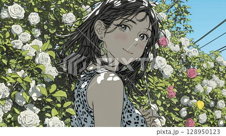バラ園を散策している若い女性