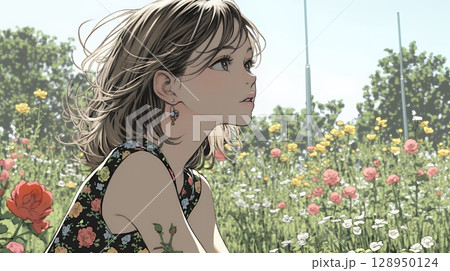 バラ園を散策している若い女性