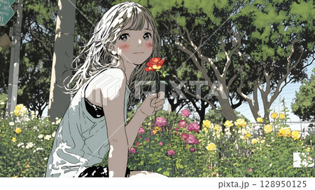 バラ園を散策している若い女性