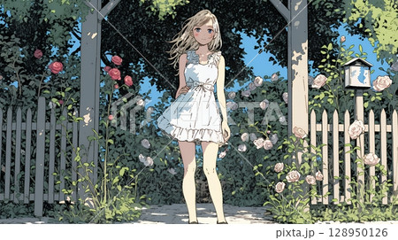 バラ園を散策している若い女性