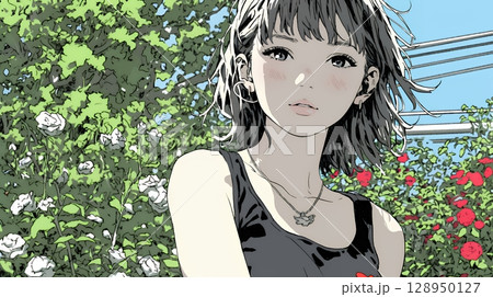 バラ園を散策している若い女性