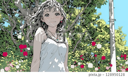 バラ園を散策している若い女性