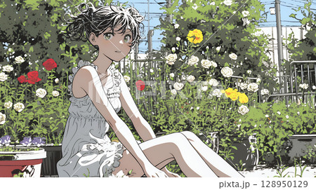 バラ園を散策している若い女性