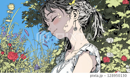 バラ園を散策している若い女性