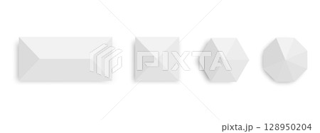 Tents with shadows top view. Gazebo umbrellas in rectangle, square, hexagon and octagon shapes. Beach sunshades. Market canopy mockups isolated on white background. Vector realistic illustration 128950204