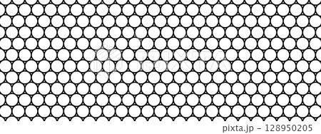 Repeated thick round shapes pattern. Black circles on white background. Mosaic holey texture. Wire, lace, fishing net, cage or lattice structure. Abstract geometric print. Vector graphic illustration 128950205