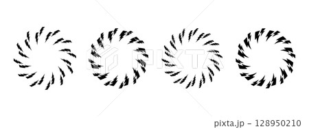 Set of round frames with bolt silhouette print. Circular borders with lightning icons isolated on white background. Shock, energy, power or danger comic design elements. Vector graphic illustration 128950210