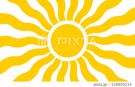 Yellow sun with wavy rays background. Poster with sunshine, sunrise or sunset in groovy style. Cool summer theme background. Good vibes concept. Modern psychedelic print. Vector flat illustration 128950214
