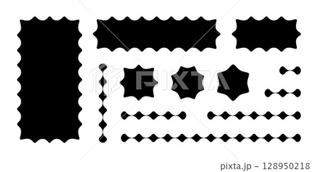Set of rectangle, circle and square forms with wavy edges and dividers with connected amorphous shapes. Design elements with wiggly borders isolated on white background. Vector graphic illustration Set of rectangle, circle and square forms with wavy edges and dividers with connected amorphous shapes. Design elements with wiggly borders isolated on white background. Vector graphic illustration 128950218