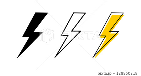 Set of lightning icons. Thunder signs isolated on white background. Flash light, elrectricity, voltage or battery charge symbols. Danger, hazard or warning pictograms. Vector graphic illustration Set of lightning icons. Thunder signs isolated on white background. Flash light, elrectricity, voltage or battery charge symbols. Danger, hazard or warning pictograms. Vector graphic illustration 128950219