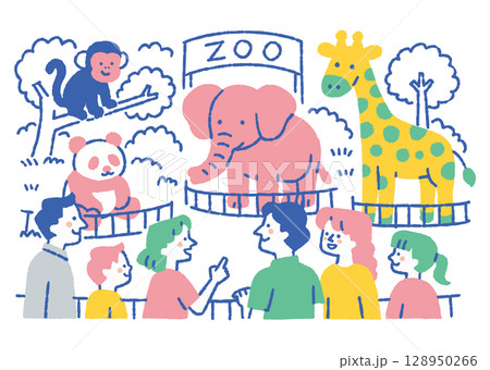 パンダやゾウに夢中な親子たち_色 パンダやゾウに夢中な親子たち_色 128950266