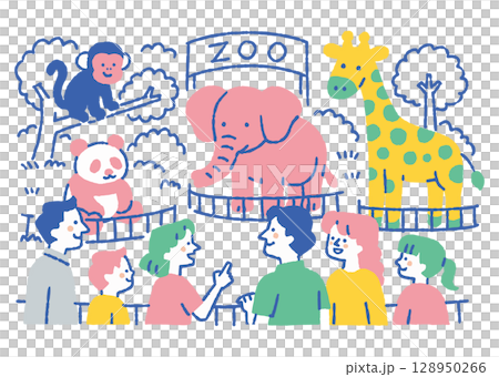 パンダやゾウに夢中な親子たち_色 パンダやゾウに夢中な親子たち_色 128950266