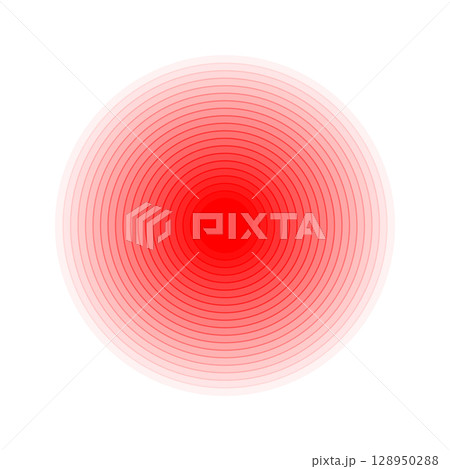 Red concentric circles. Pain localization icon. Sore, ache or inflammation symbol. Pulse or vibration sign. Radar, earthquake or sound wave pictogram isolated on white background. Vector illustration 128950288