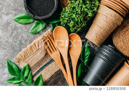 Eco-Friendly Kitchen Setup Featuring Bamboo Utensils and Zero Waste Containers for Food Storage 128950308