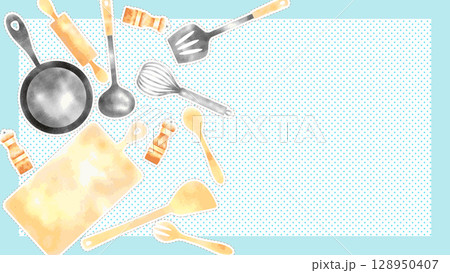 水彩風のかわいいキッチン用品のイラストフレーム 水彩風のかわいいキッチン用品のイラストフレーム 128950407