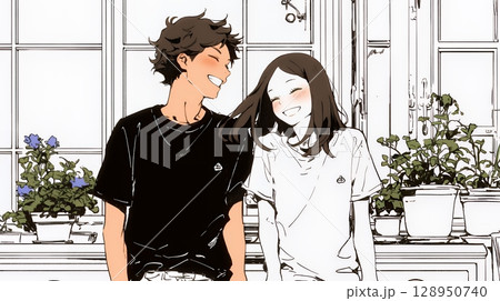 幸せそうなカップル：ダイニングルームて談笑（シンプルな色使い）